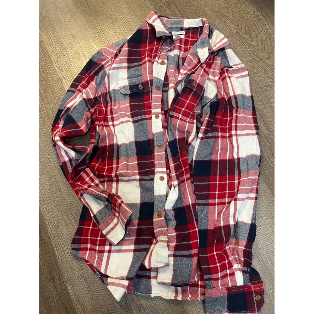 Old Navy Mens Flannel Shirt XL Red White Navy Blue Plaid Regular Fit Button Down